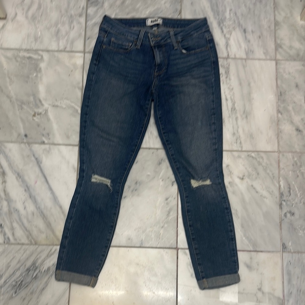PAIGE Blue Ankle Cropped Jeans with Distressed Details